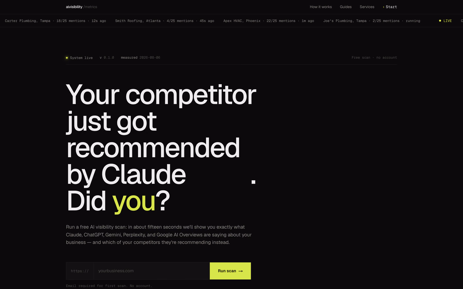 aivisibilitymetrics.com, a live tool that measures whether AI search engines cite a business