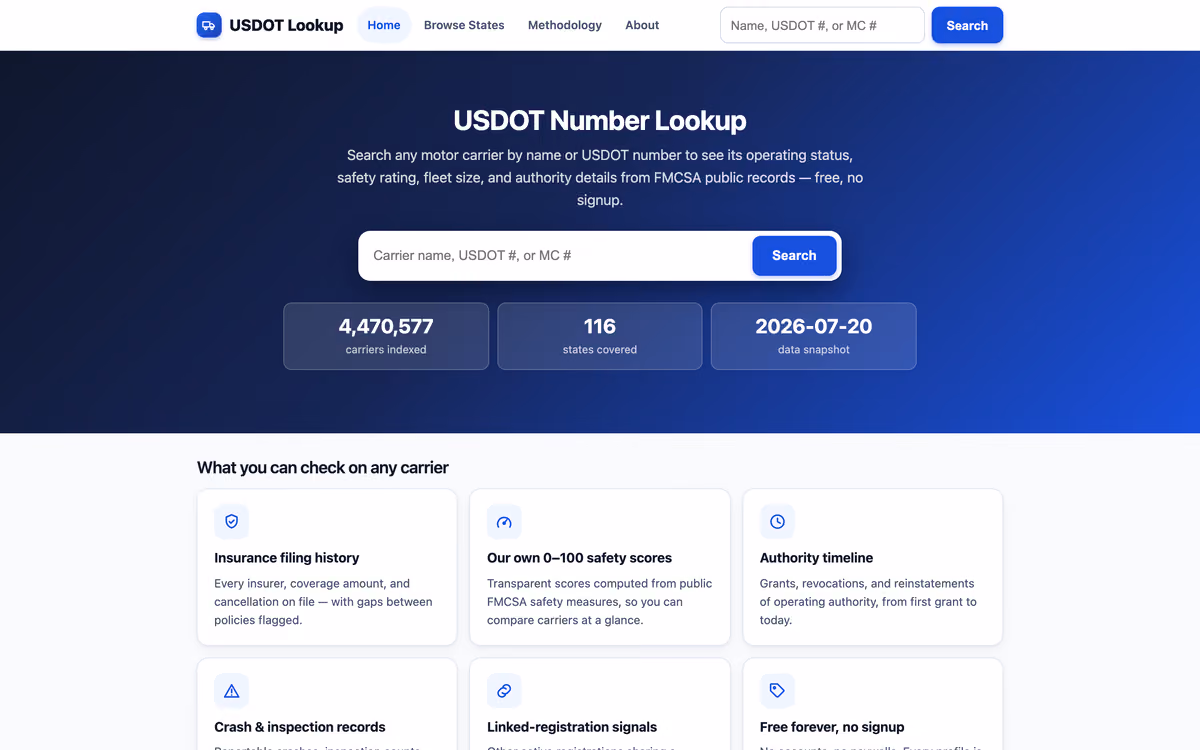 Screenshot of USDOT Lookup