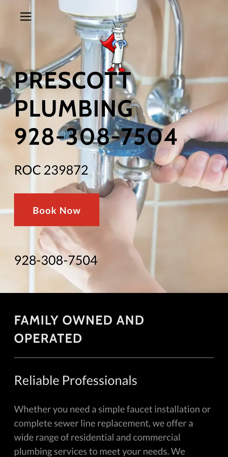The existing site on a phone: a black headline laid over a busy photograph of pipes, and a small red Book Now button.